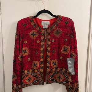 Adrianna Papell Red and Gold Embroidered Blazer